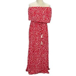 Annebouti Red White Polka Dot Maxi Dress Off the Shoulder Front Slits Sz L NWT